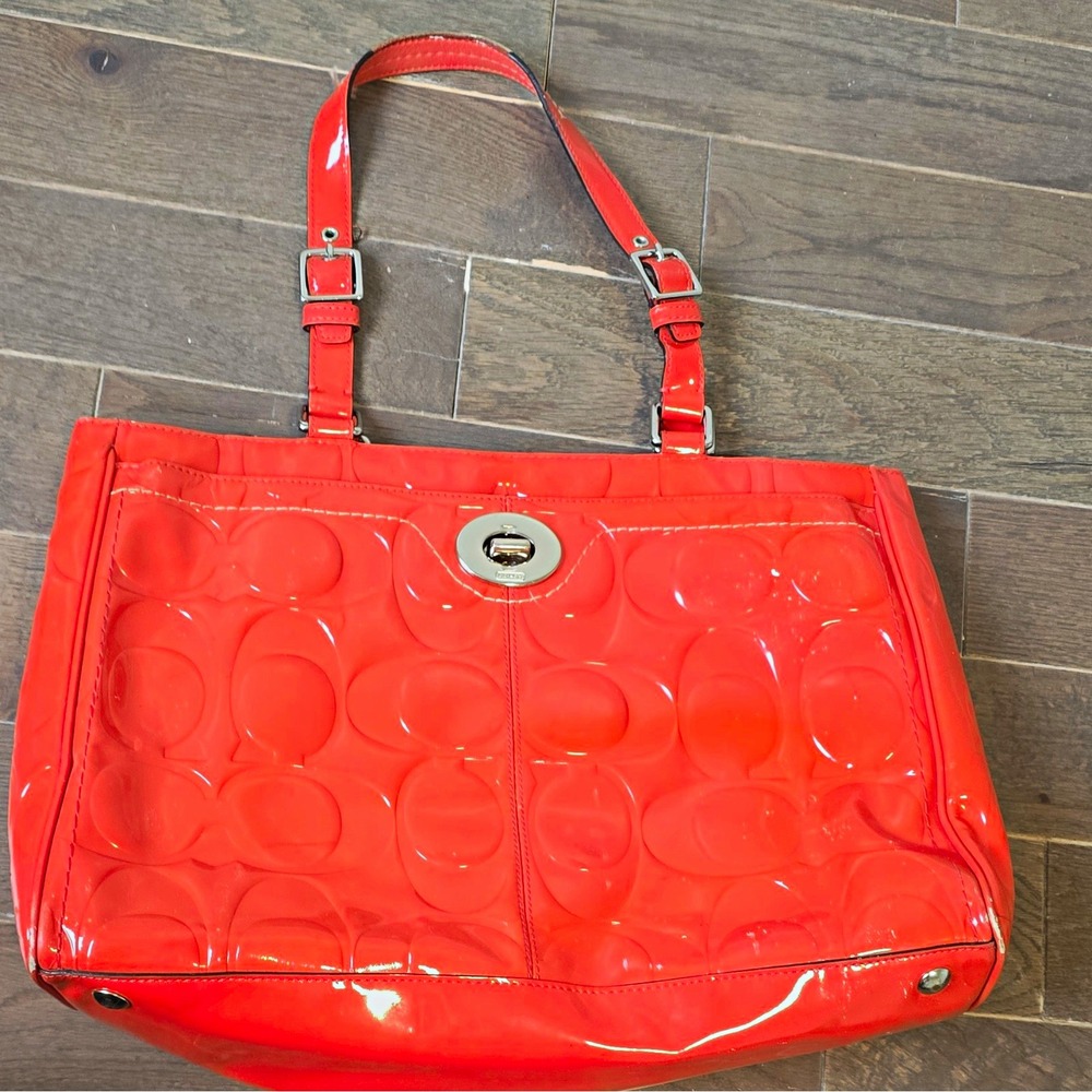 Coach Orange Patent Signature Logo Tote Shoulder Bag Turn Lock Zip, Pockets